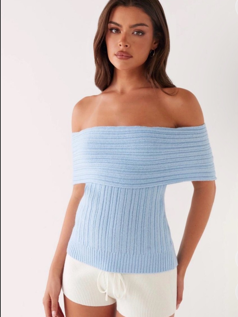 Off-the-Shoulder Ribbed Knit Sweater Top - Baby Blue
